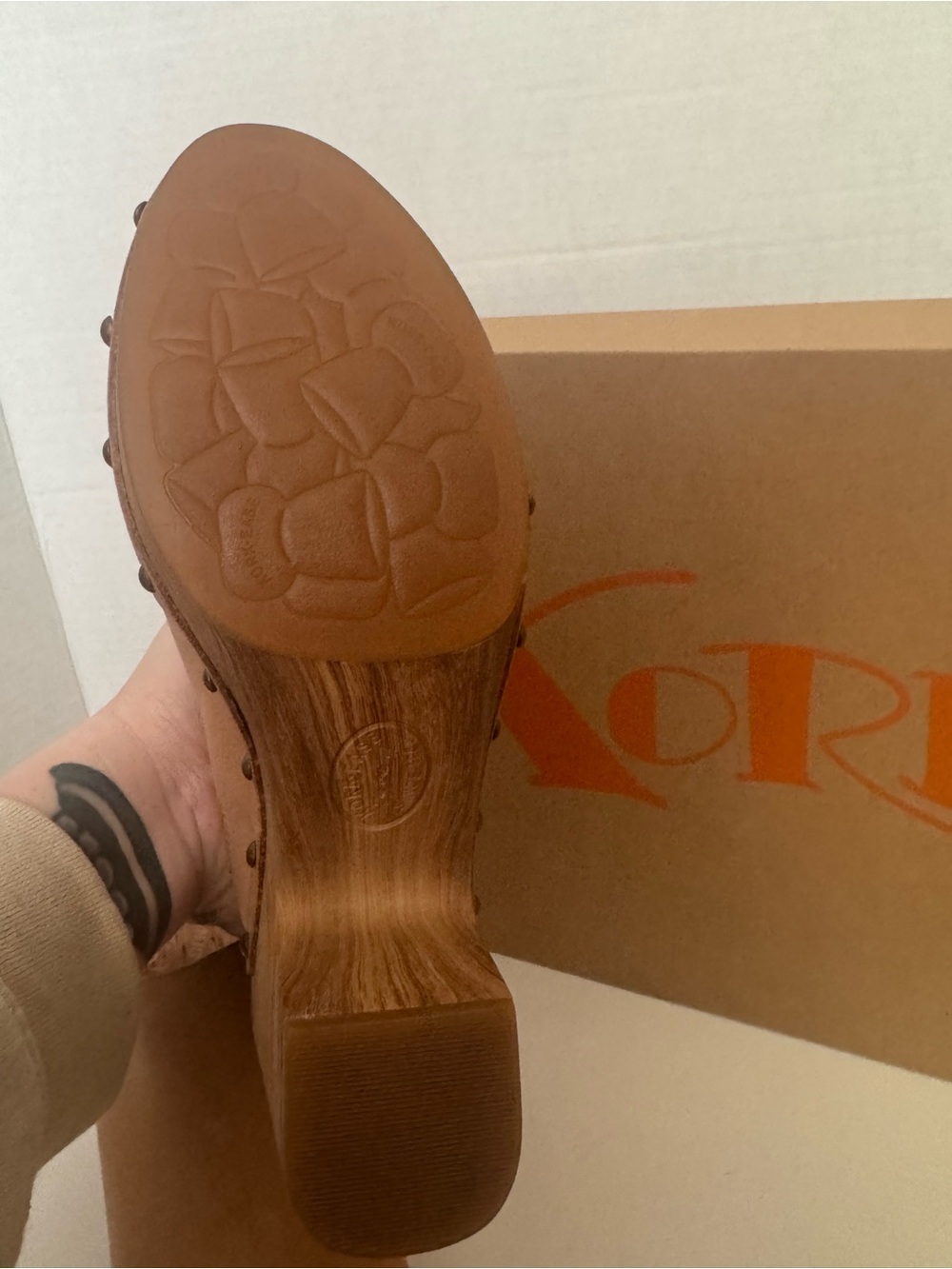 Kork-Ease Tan Leather Studded Wooden Clog Heels - Picture 3 of 3